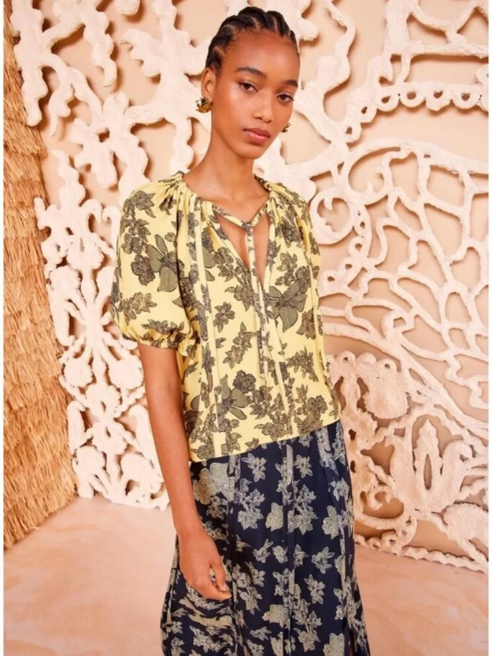 Ulla Johnson Marcelena Floral Puff Sleeve Crepe Blouse Top Solaris Yellow Size 2